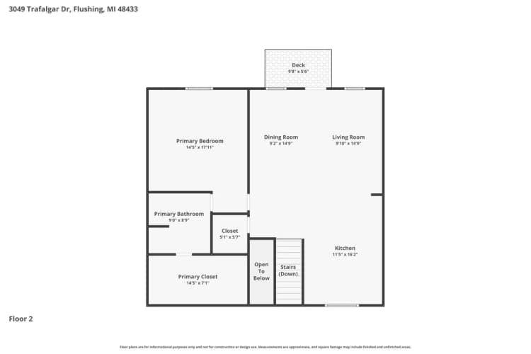 Portage apartments for rent - image - Chic floor plan of 3049 Trafalgar Dr, featuring a spacious primary bedroom, modern kitchen, elegant living and dining rooms, and a cozy deck. Flushing, MI residence with open layout and ample closet space.